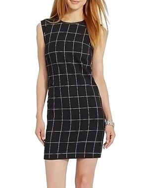 Ralph Lauren Rayon Blend Shift Dress Square Grid Pattern Sleeveless Leather Trim